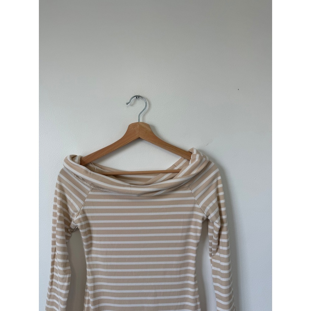 Iris Striped Off-the-Shoulder Mini Bodycon Dress – Taupe – Size large - Picture 3 of 6